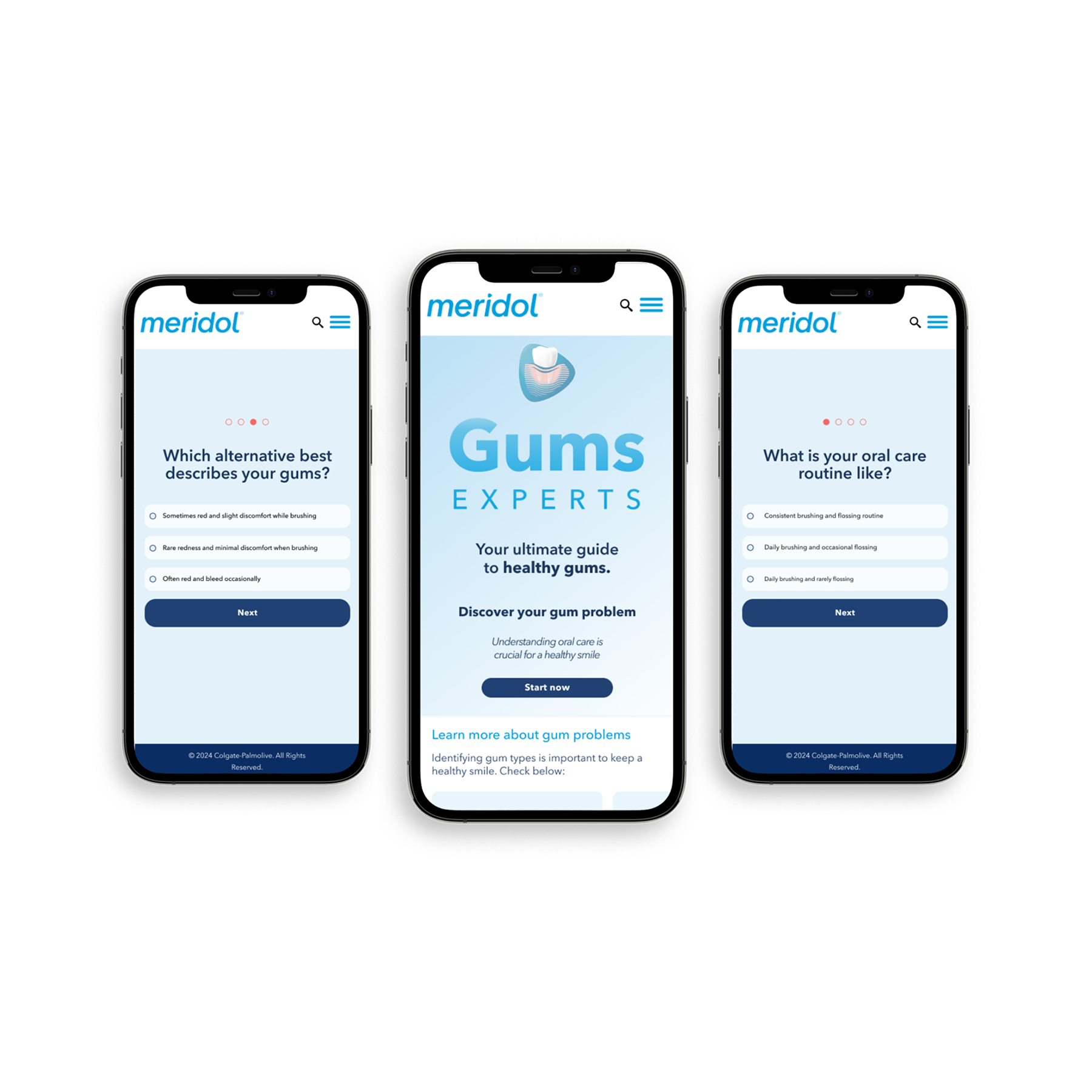 Três smartphones exibindo o site da Meridol, um com a interface de perguntas sobre problemas com gengivas, o central com o logo Gums Experts e informações sobre saúde bucal, e outro com perguntas sobre rotina de higiene oral.