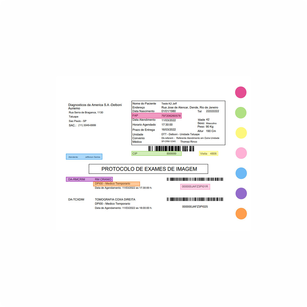 Imagem de um laudo médico digital com informações do paciente, exames de imagem para tomografia de tórax direito, nomes, datas, códigos e barras, destacando seções em diferentes cores.