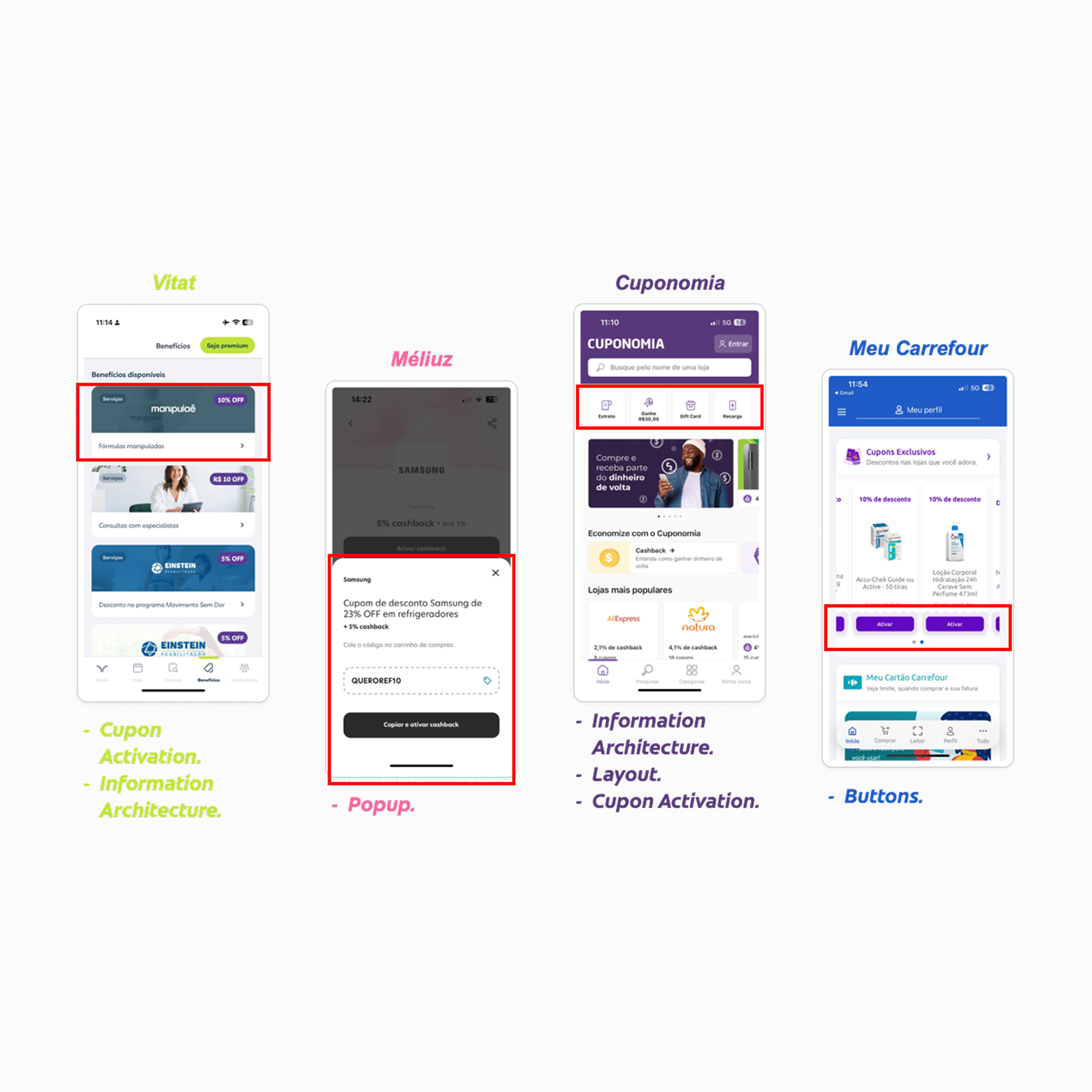 Imagem comparativa de quatro telas de aplicativos móveis mostrando o processo de ativação de cupons. A primeira tela do aplicativo Vitat apresenta uma seção de cupons ativados com uma marca de 10% de desconto. A segunda tela do aplicativo Méliuz most