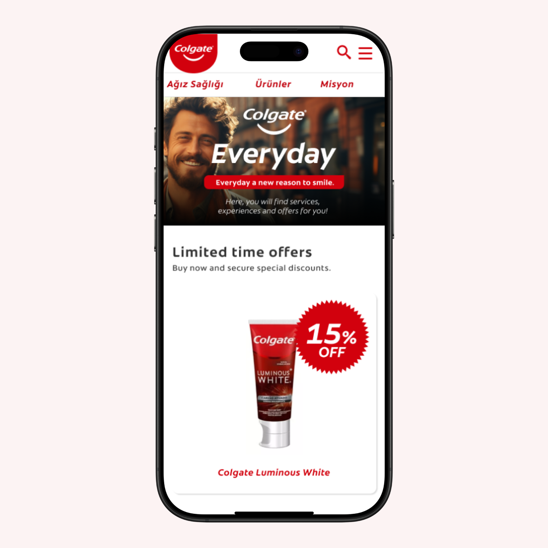 Tela de celular mostrando um site de uma promoção da marca de pasta de dente Colgate com desconto de 15%.