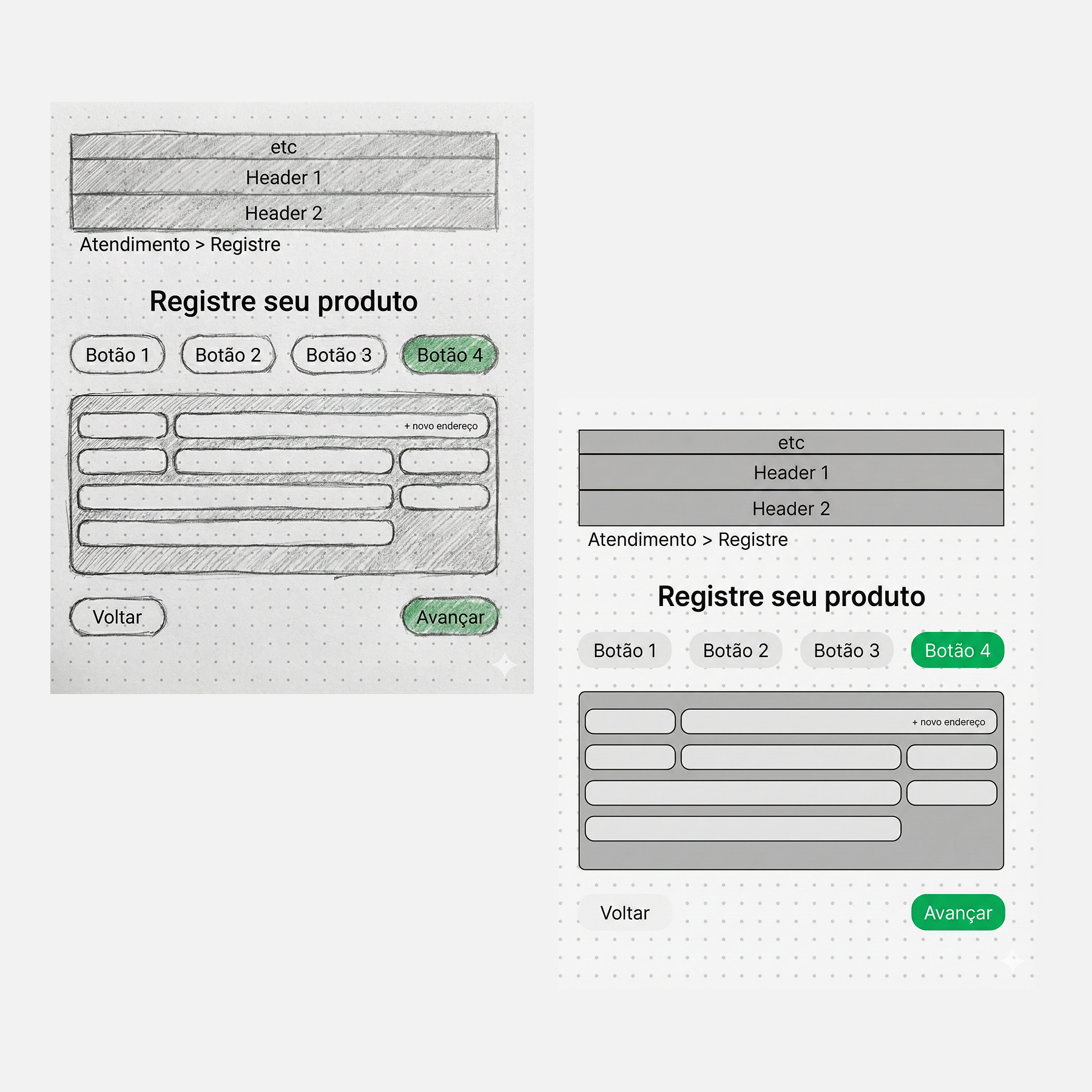 Imagem de duas telas de interface de cadastro de produto, com botões, campos de texto, cabeçalhos e opções de navegação, sendo uma em cores light e outra em preto e branco.
