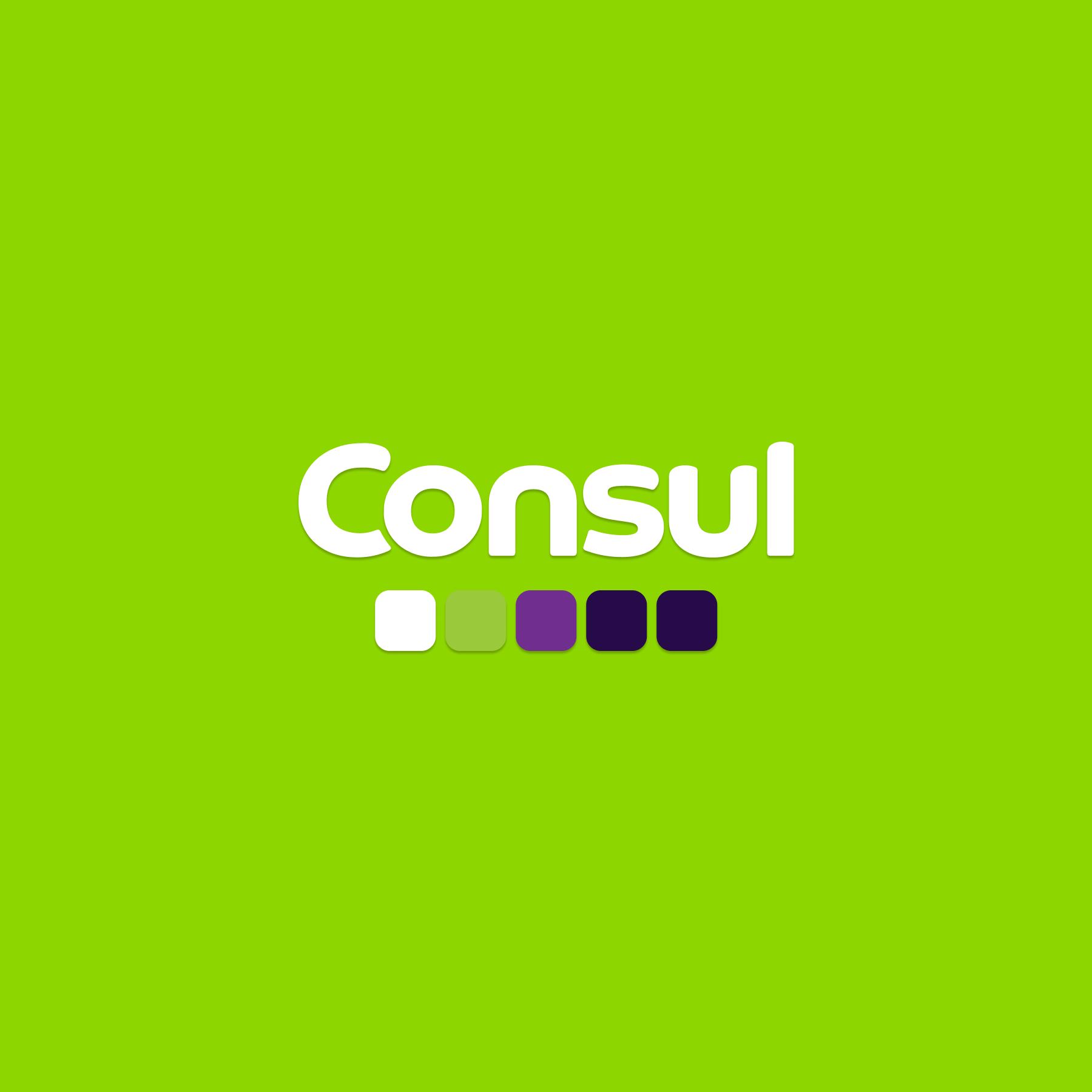 Logotipo do Consul com fundo verde e cinco quadrados coloridos (branco, verde, roxo, roxo escuro, roxo bem escuro) abaixo do nome