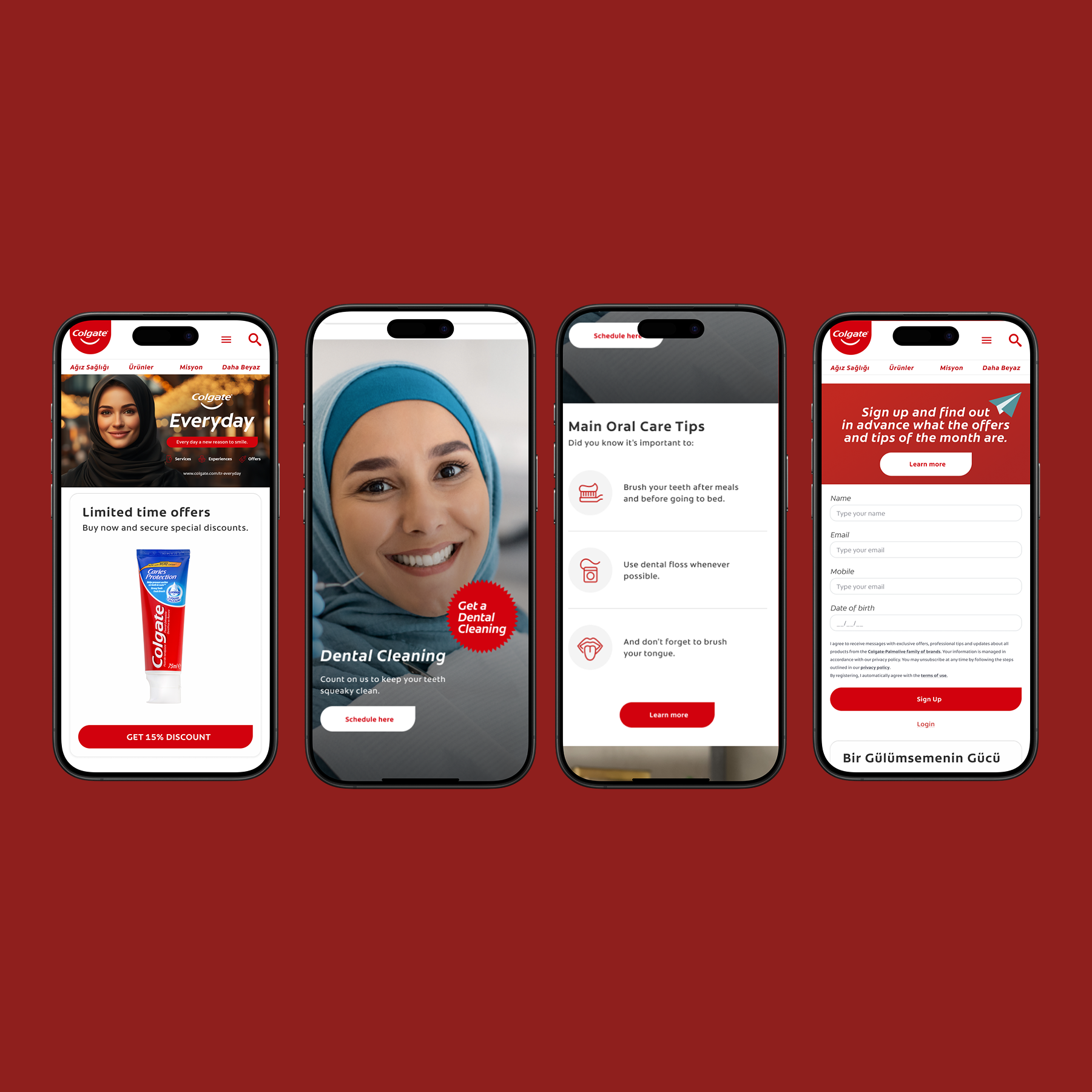 Quatro smartphones mostrando várias telas de um aplicativo de cuidados bucais da Colgate, incluindo ofertas, dicas de higiene bucal e cadastro de usuário, sobre fundo vermelho.