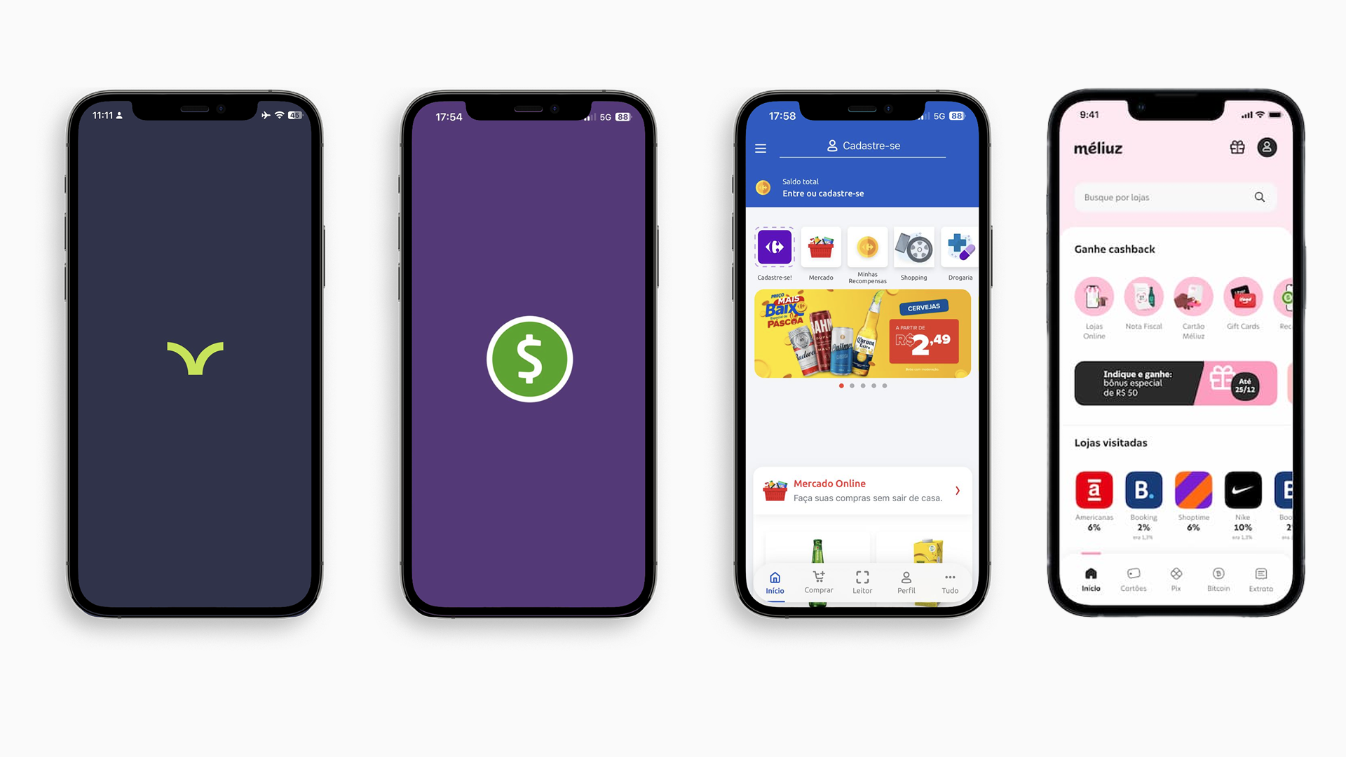 Imagem de quatro smartphones alinhados, cada um exibindo diferentes telas de aplicativos. O primeiro mostra uma tela de carregamento com símbolo estilizado verde. O segundo mostra uma tela de carregamento com símbolo de moeda circular verde. O tercei