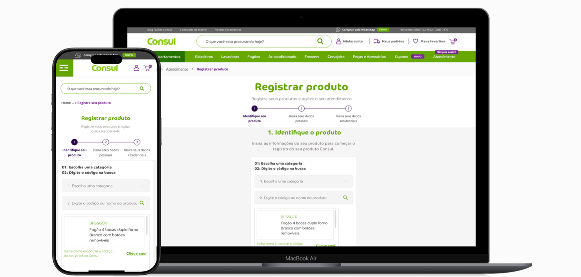 Tela de um site e aplicativo móvel mostrando a página de cadastro de produto no site Consul, com a etapa de identificar o produto, exibindo um fogão de 4 bocas duplo forno branco com botões removíveis.