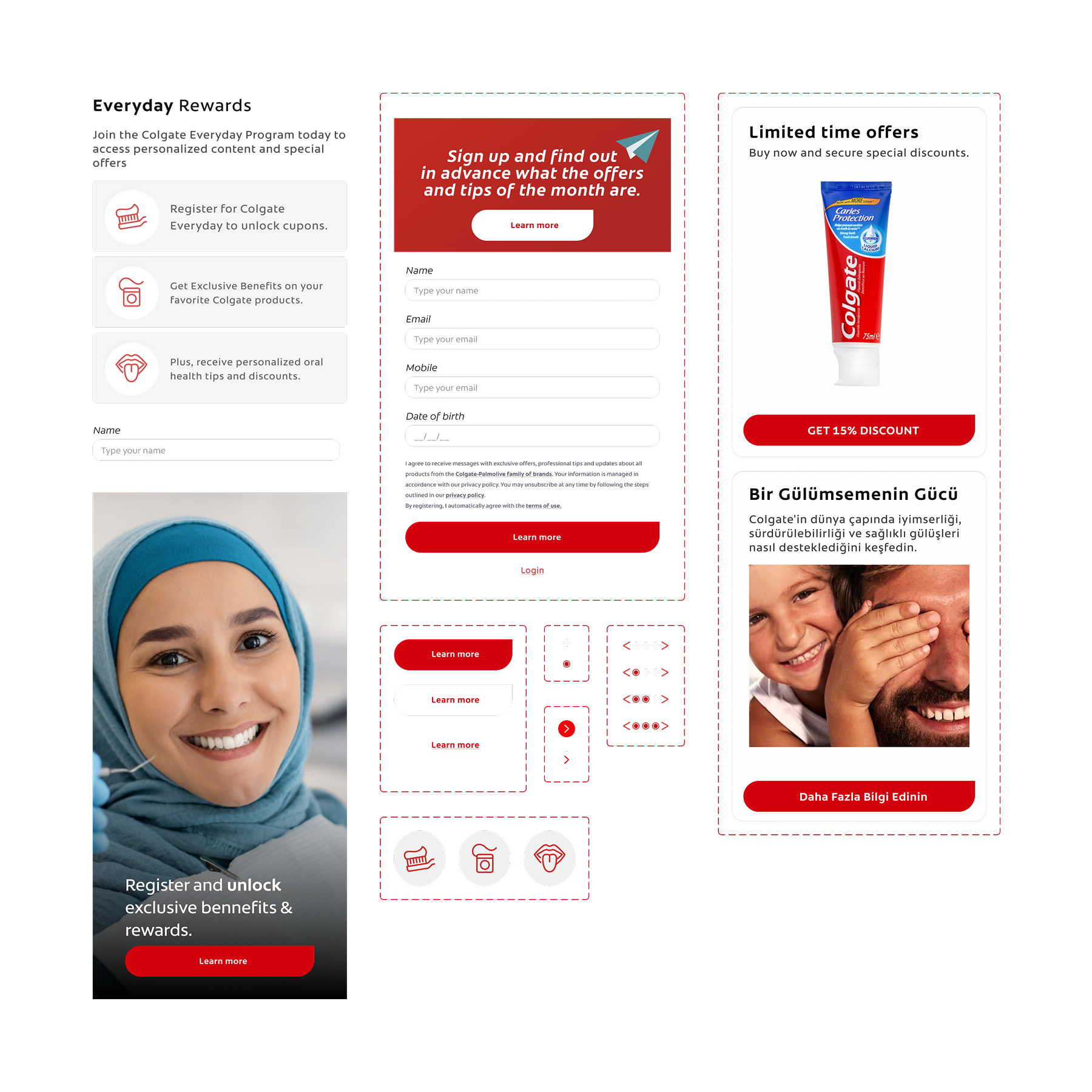 Tela de inscrição do programa de recompensas diárias da Colgate, com formulário para nome, email, telefone e data de nascimento, uma oferta de desconto de 15% para creme dental, e uma imagem de uma criança sorridente e de um adulto sendo abraçado, to