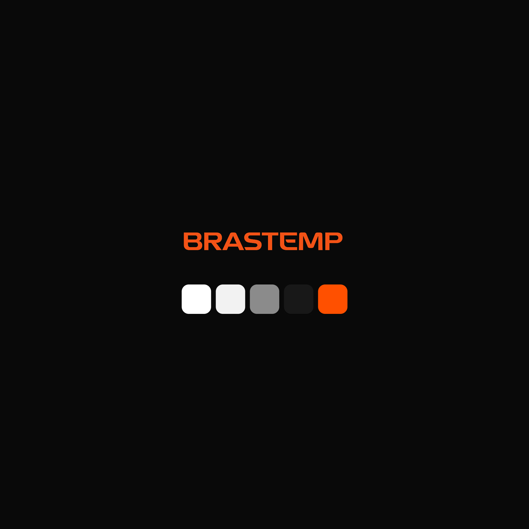 Tela com fundo preto, exibindo o logotipo 'BRASTEMP' em laranja e uma paleta de cinco cores que vão do branco ao vermelho.