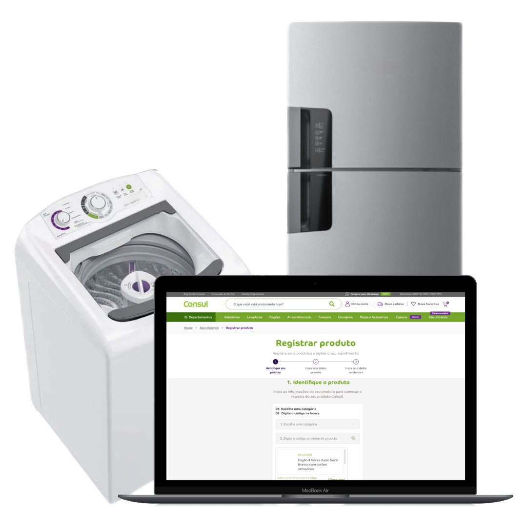 Imagem mostrando uma geladeira, uma máquina de lavar roupas e um laptop com a tela exibindo uma página de cadastro de produto, simbolizando tecnologia e eletrodomésticos.