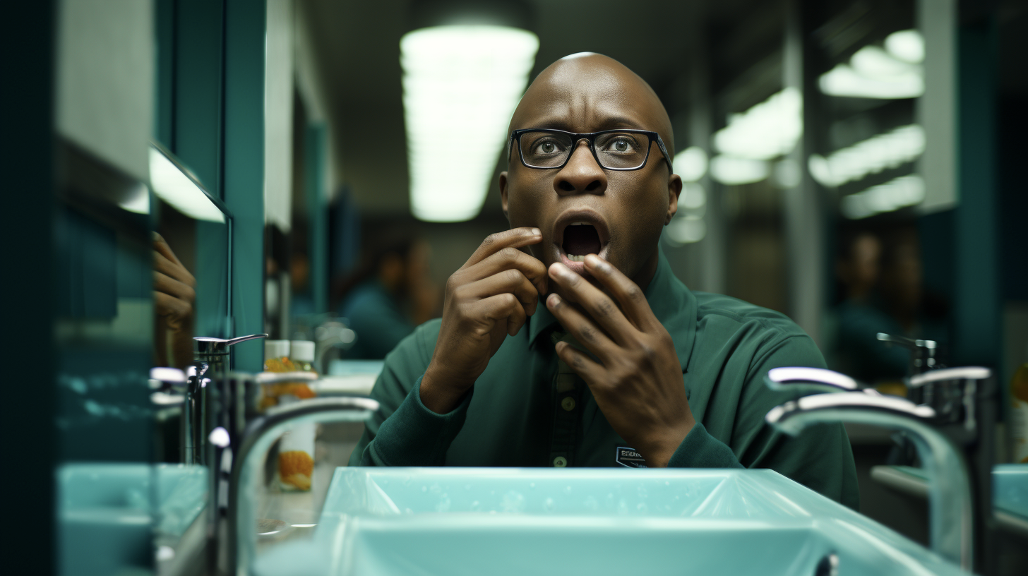 Homem surpreso com óculos escuros olhando para o espelho de um banheiro com as mãos na boca.