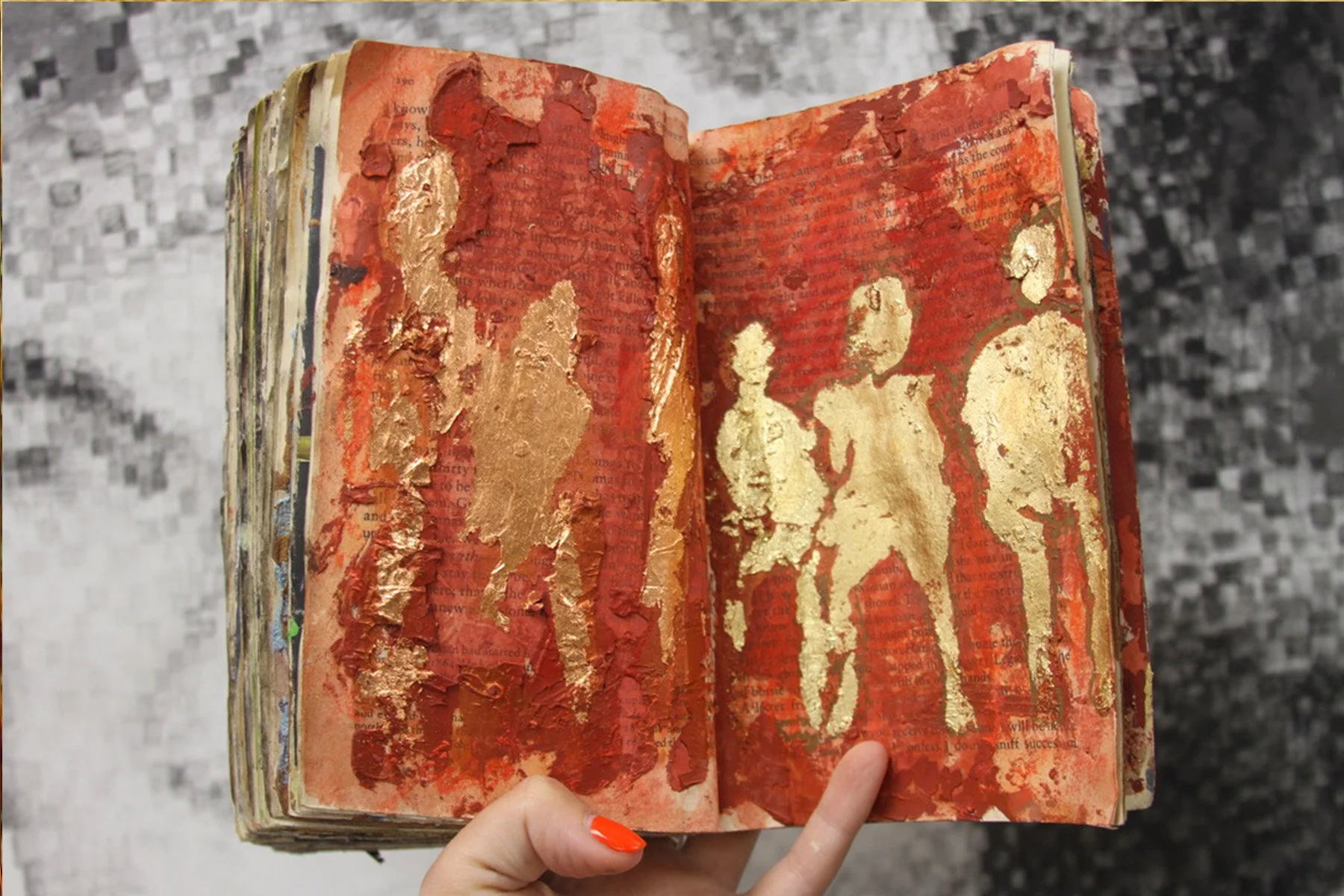 My Family Anti-Autobiography, Mixed Media in Manipulated Book, Plasters, Paint, Marker, Pencil, Charcoal, Gold Leaf, etc., 2019