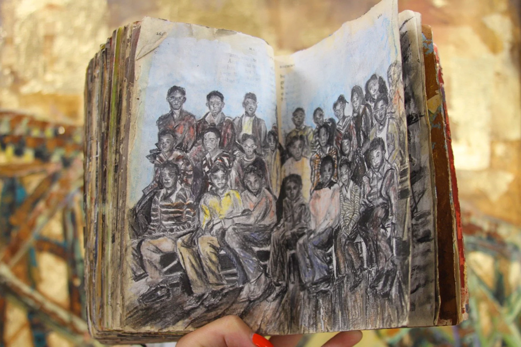 My Family Anti- Autobiography, Mixed Media in Manipulated Book, Plasters, Paint, Marker, Pencil, Charcoal, Gold Leaf, 2019