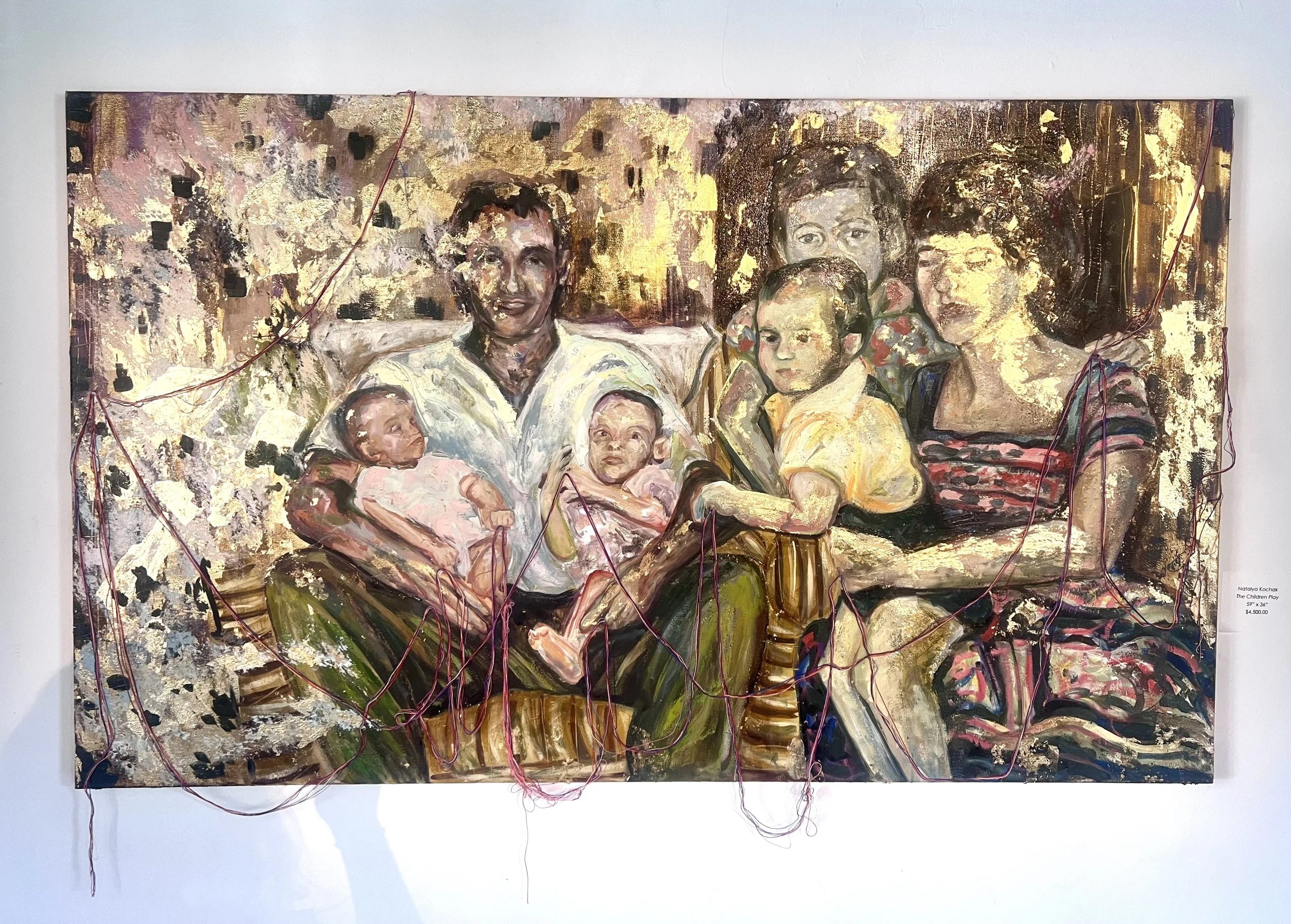 The Whites, 2023, Oil, Gold Leaf, String on Canvas, 59” x 36”