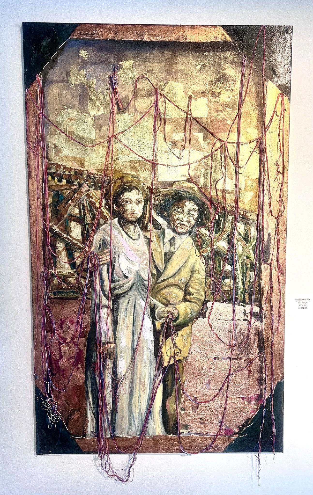The Bridge, Copper and Gold Leaf, Oil, String on Canvas, 59” x 36”, 2023