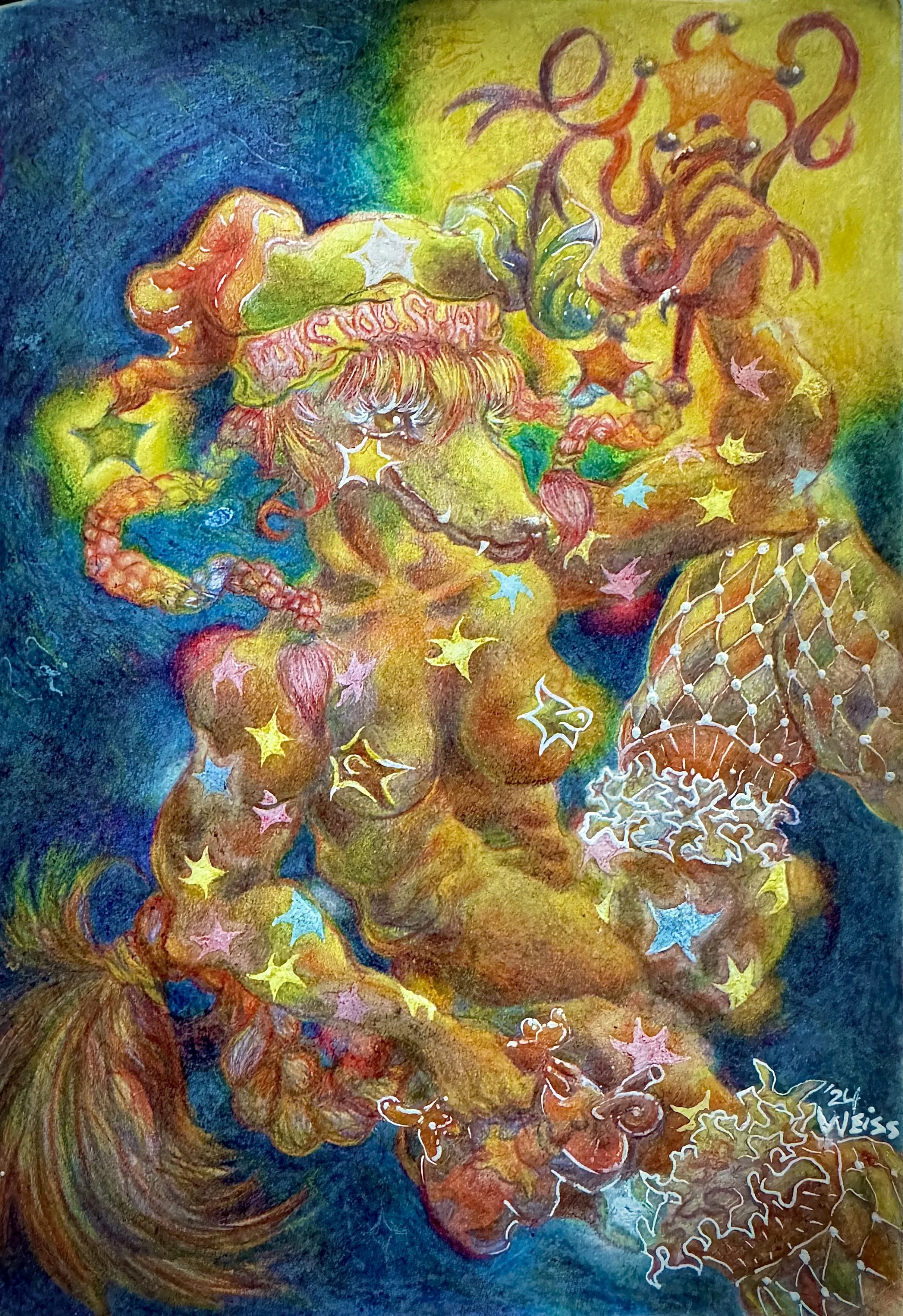 "Kismet the Klown!", 2024, crayon, color pencil, and oil pastel on paper
