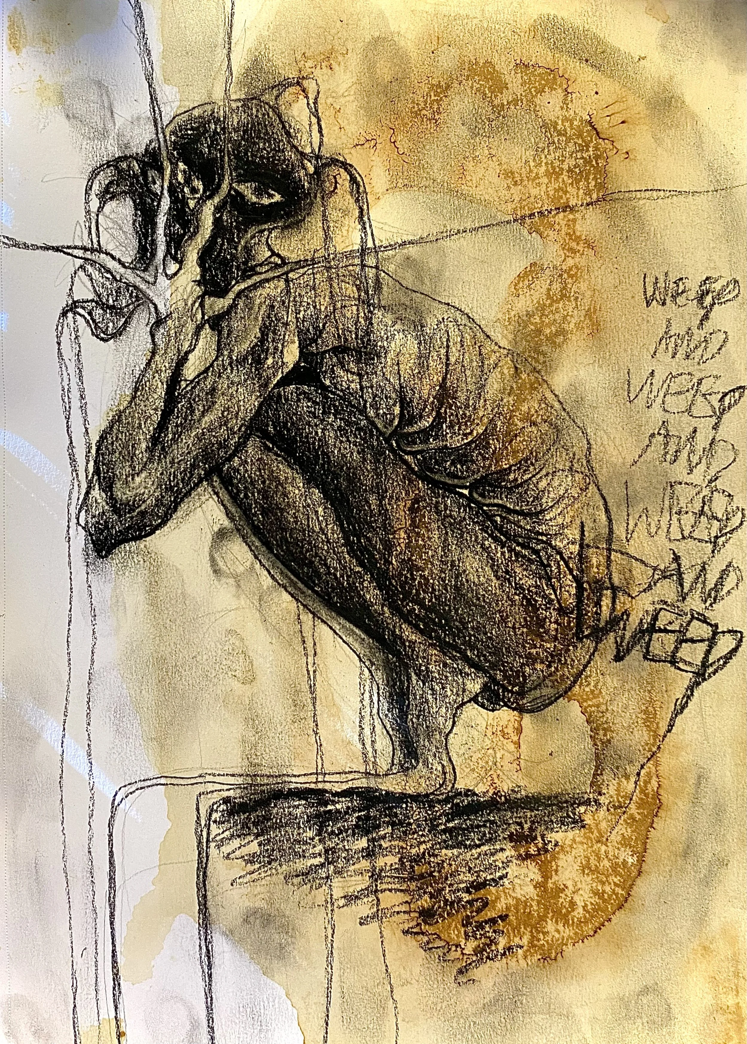 "MONSTROUS II", 2022, charcoal, blood, tea