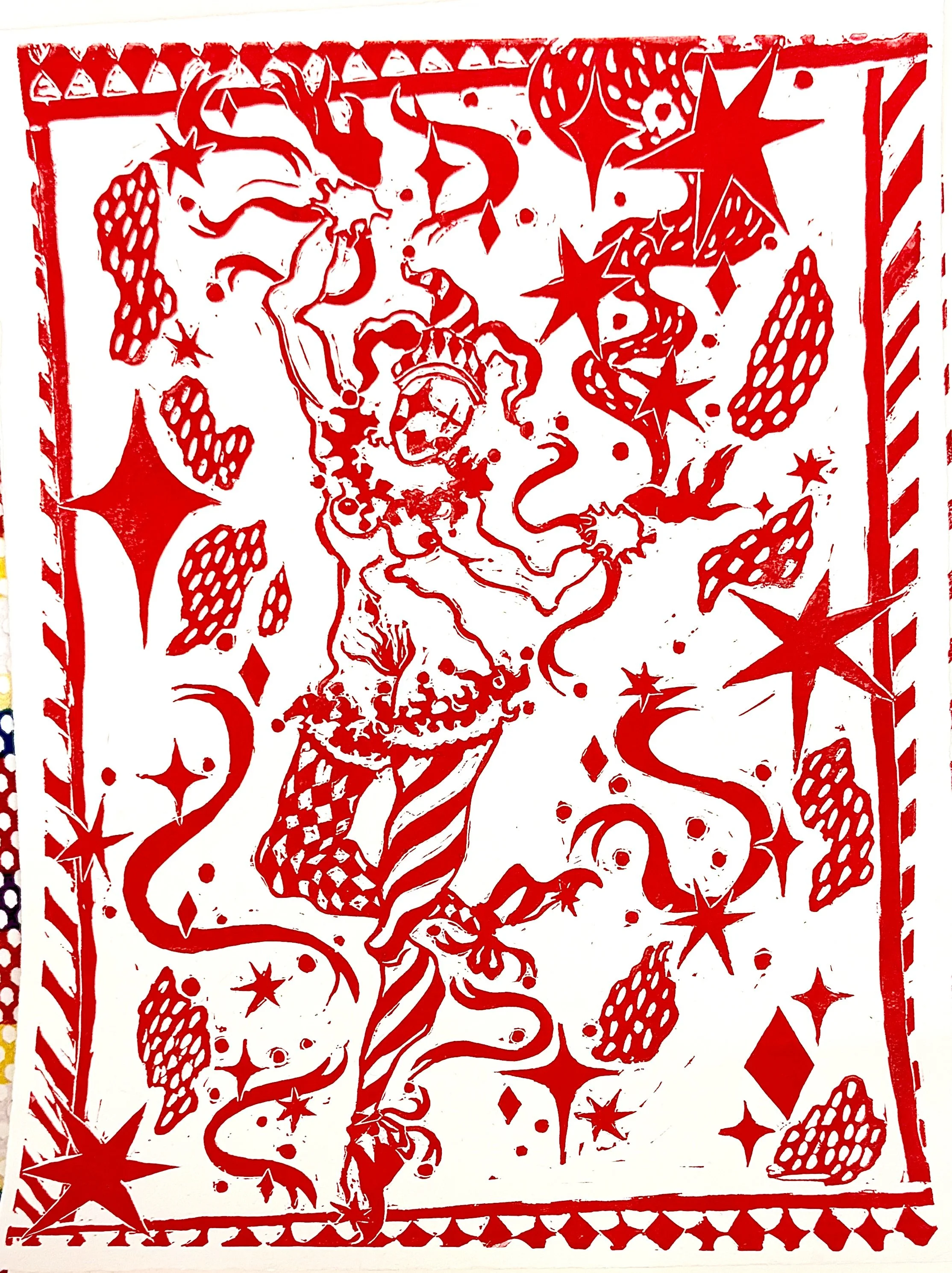 "Revelry in the Harlequin's Heartbreak", 2024, linocut