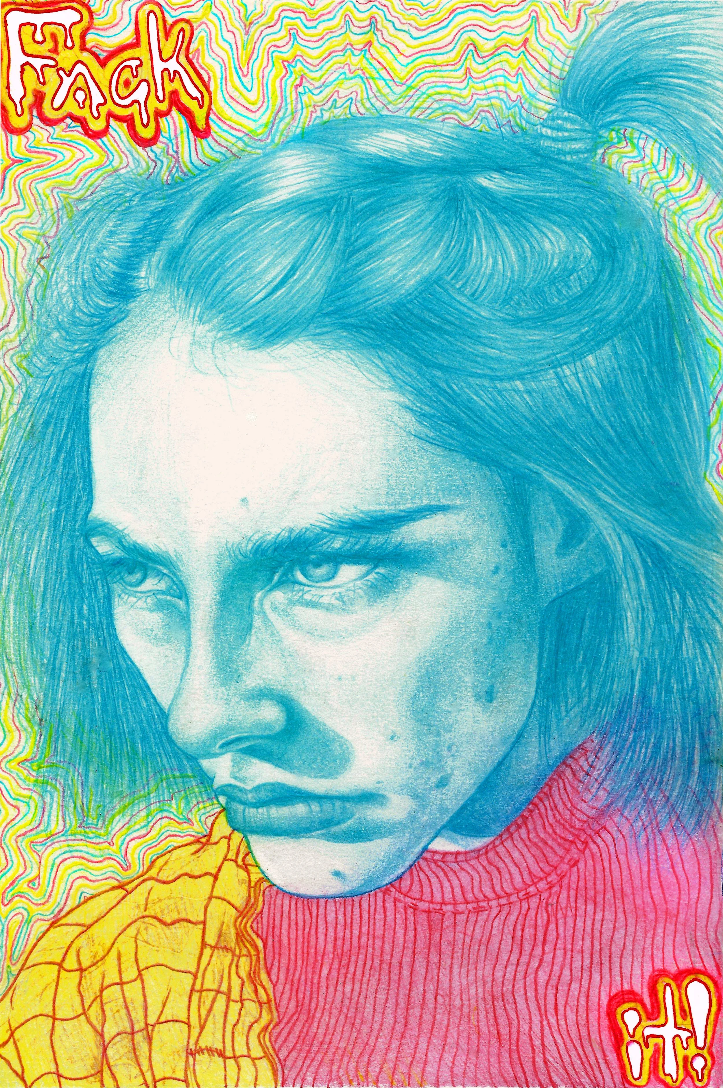 "FUCK IT!", 2023, color pencil