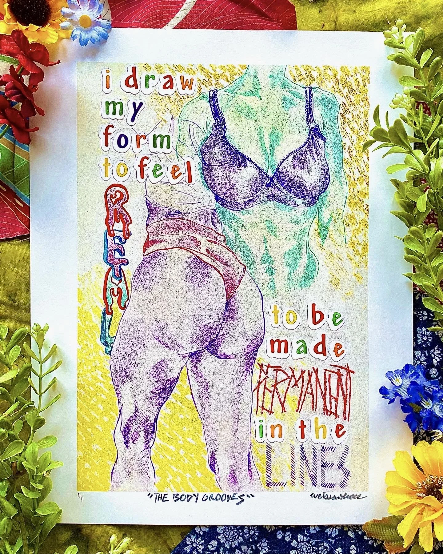 "THIS BODY GROOVES!", mixed media color pencil, 2023 print run