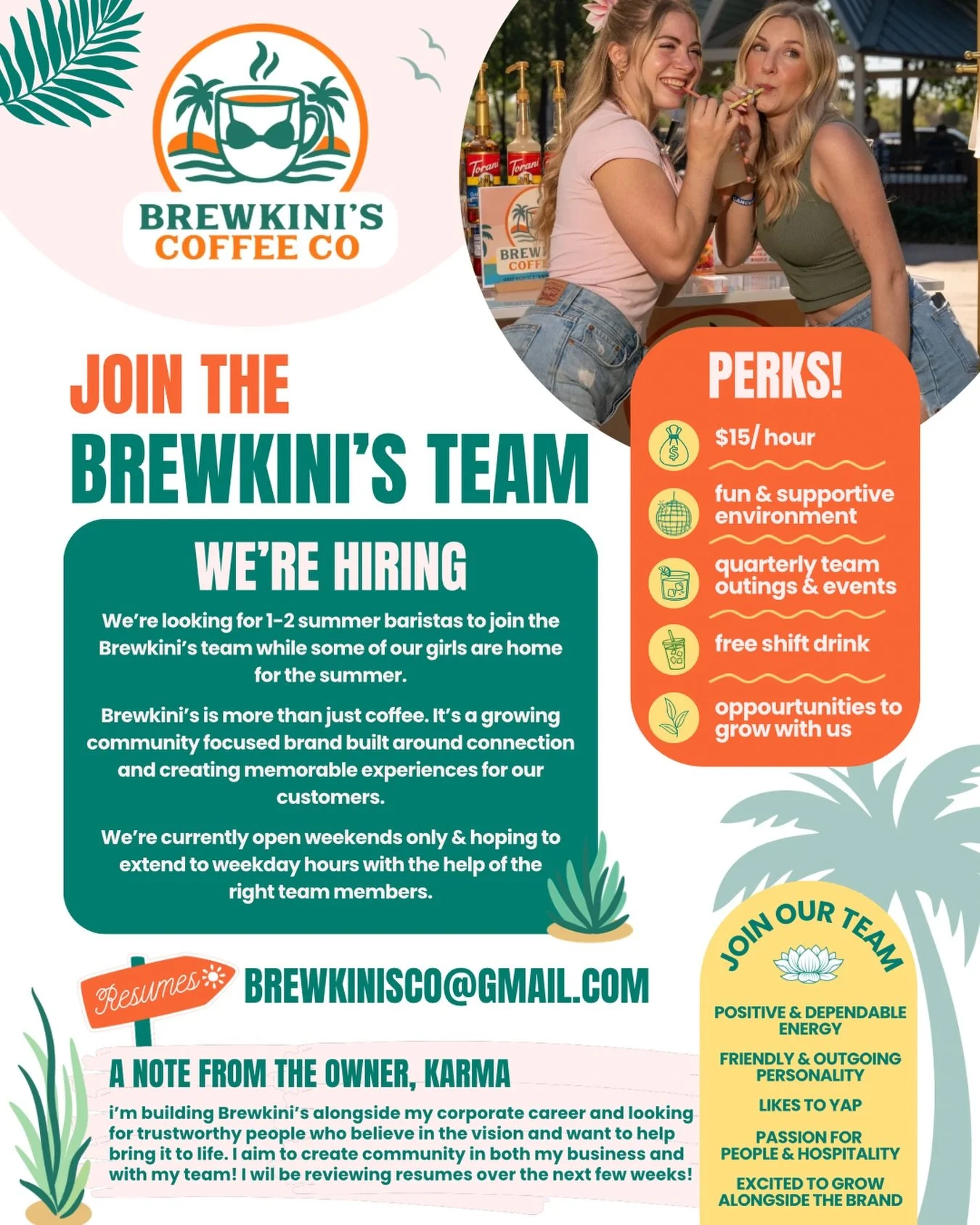Looking for a fun summer job with good vibes, great people, and cute coffee? 🌴☕️✨

BrewKini&rsquo;s Coffee Co. is hiring 1&ndash;2 summer baristas to join our growing team! We&rsquo;re more than just a coffee spot &mdash; we&rsquo;re building a comm