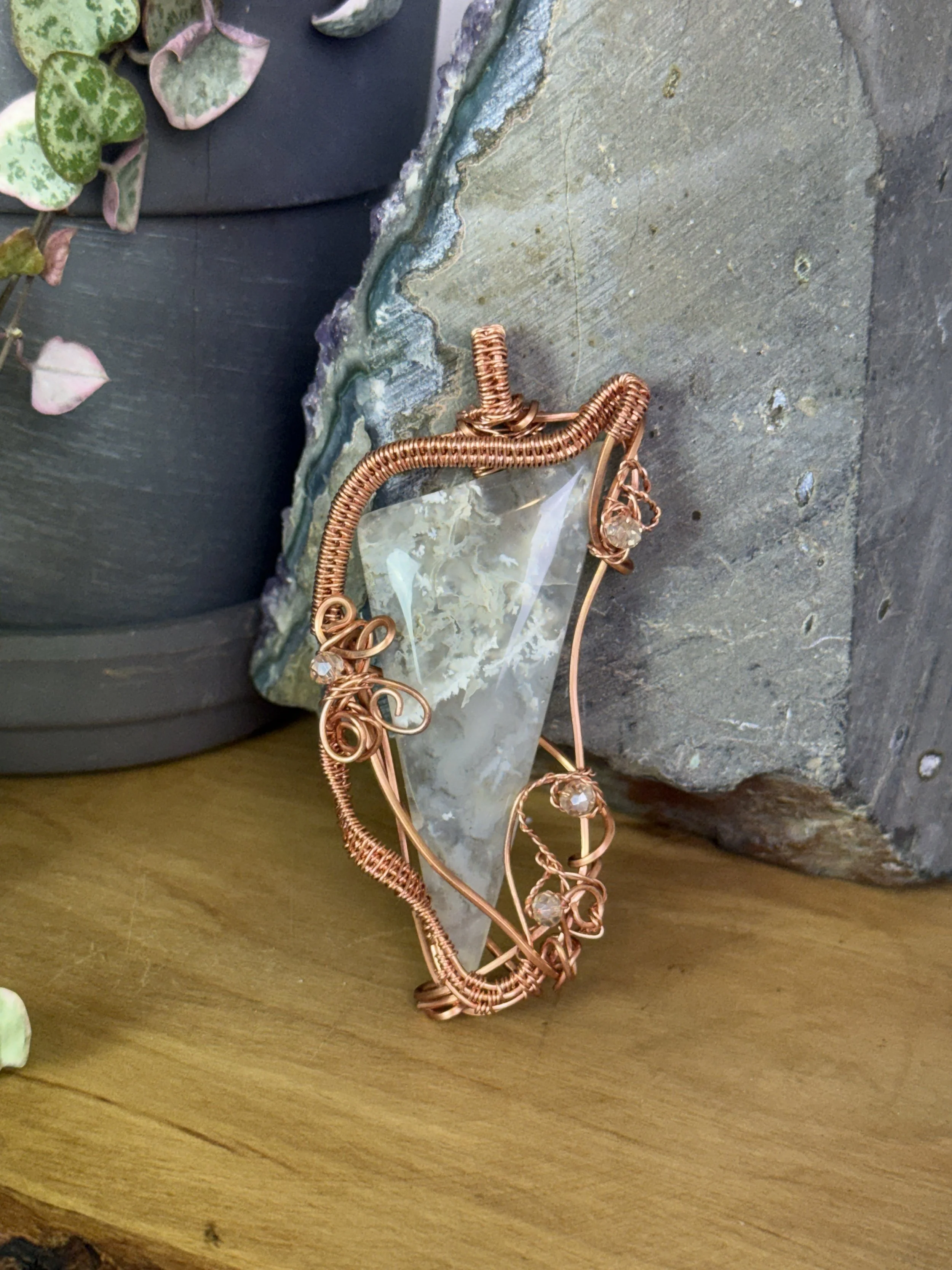Copper Wrapped Agate Triangle Pendant