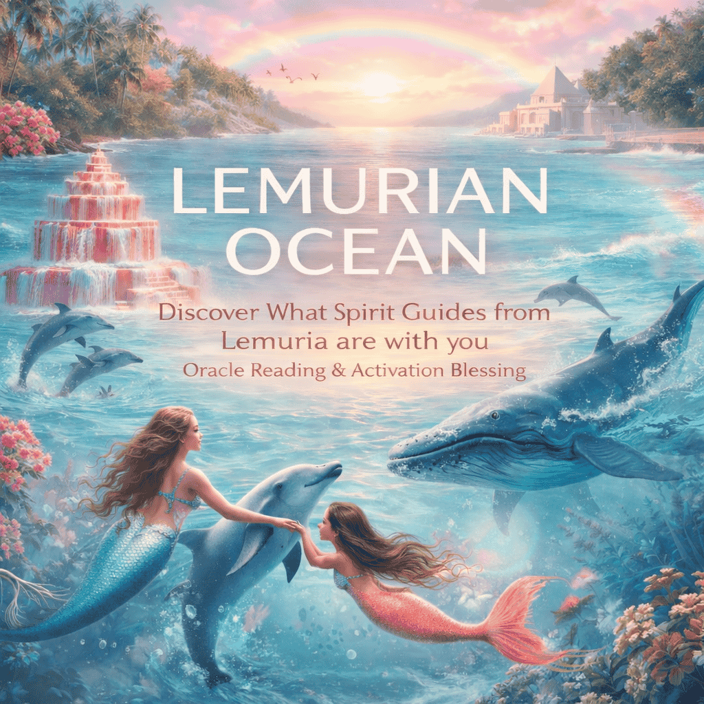 Illustration of the Lemurian Ocean featuring mermaids and dolphins in a vibrant, magical ocean scene with a rainbow, underwater city, and lush tropical surroundings.