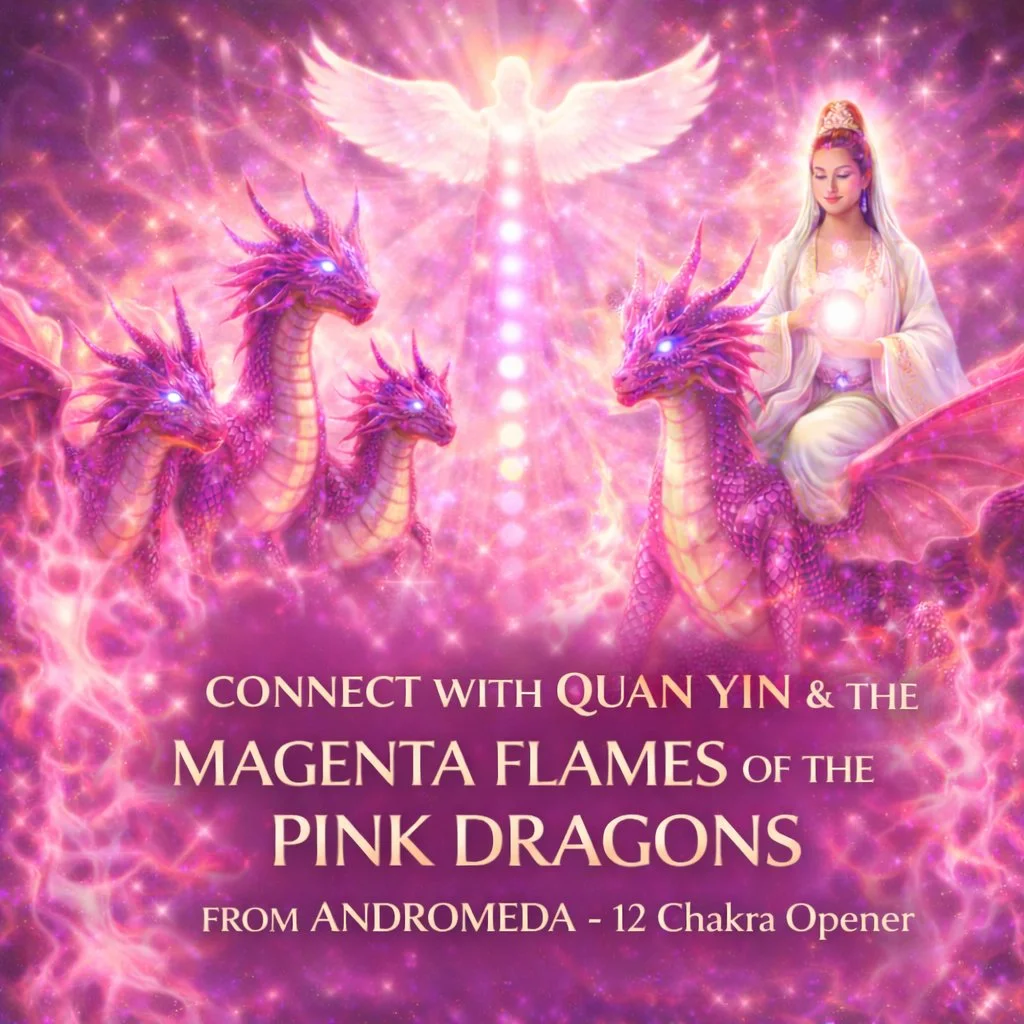 A mystical scene with five pink dragons and a glowing woman riding one of them, surrounded by sparkles and pink light. A glowing white angelic figure hovers above in the background with wings outstretched.