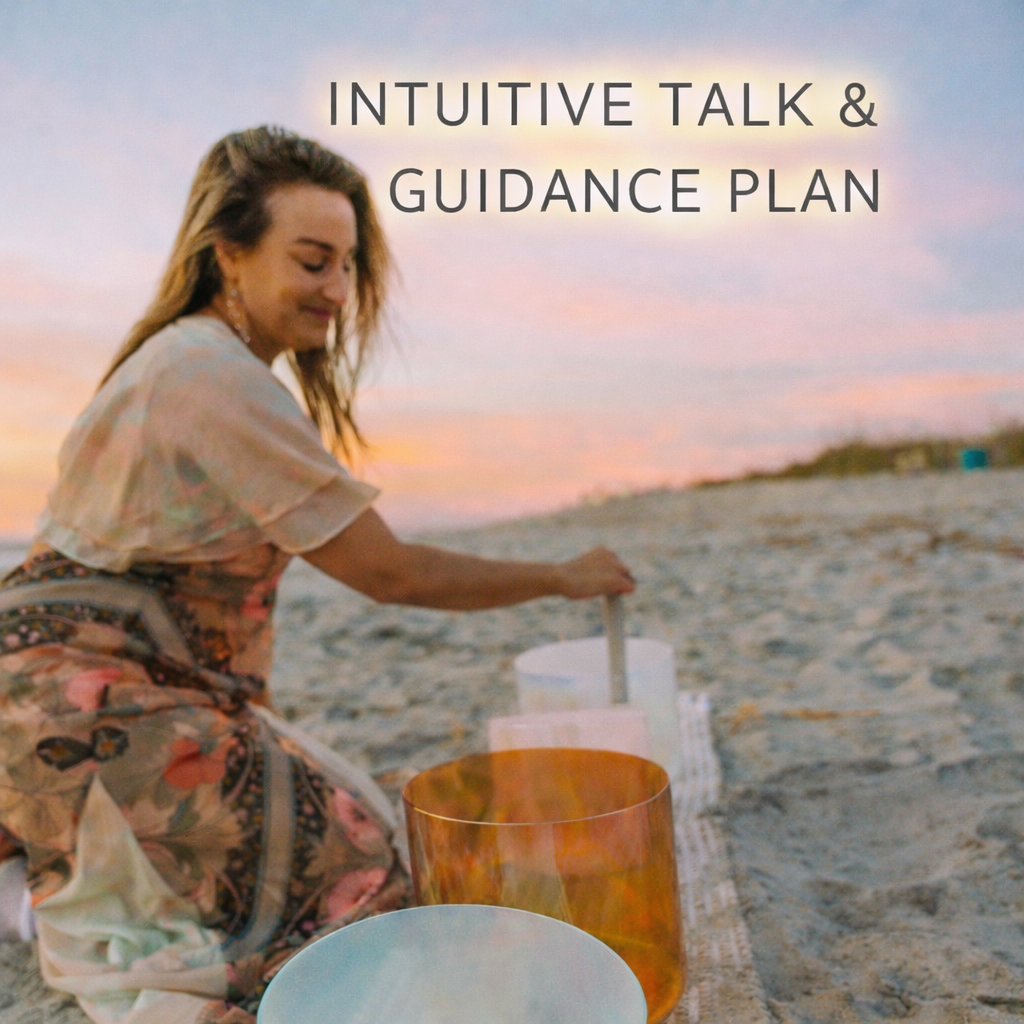 A woman playing crystal singing bowls on the beach at sunset, with the text 'Intuitive Talk & Guidance Plan' overlaid.