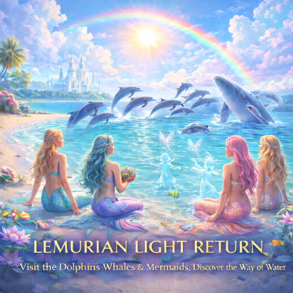 Four mermaids sit on the beach, watching dolphins jump out of the water and whales breaching. A castle is visible in the distance, with a rainbow and a bright sun in the sky. The scene is colorful, magical, and fantasy-themed, promoting visiting dolphins, whales, and mermaids.