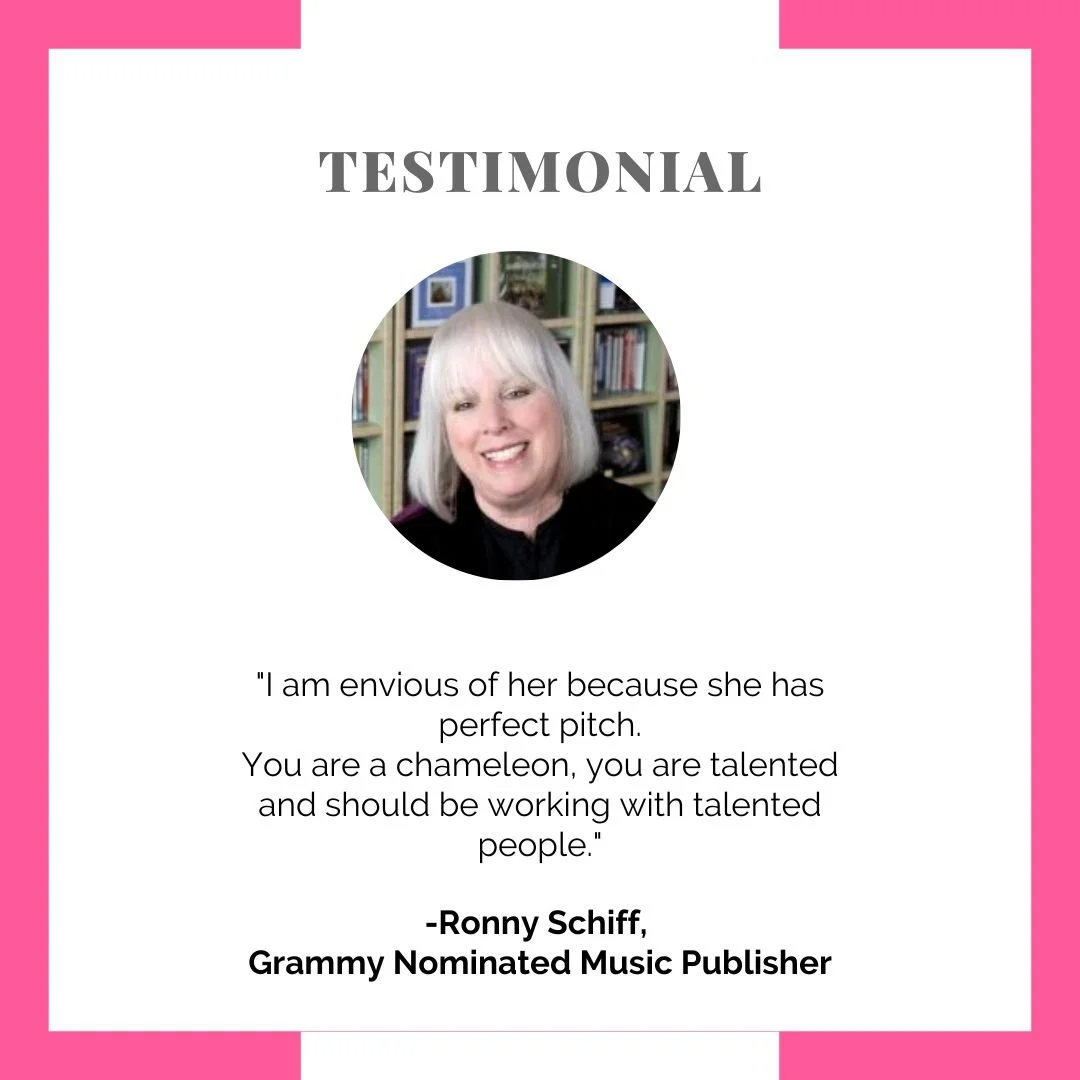 Testimonial graphic with a photo of a woman with gray hair, smiling, against a bookshelf background. Text quotes her praising someone's pitch and talent. The design has pink borders.