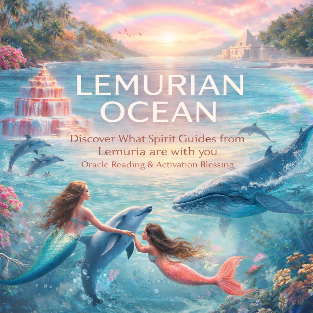 Mystical ocean scene with mermaids riding dolphins, dolphins jumping out of the water, waterfalls, colorful skies, rainbow, and lush tropical plants.