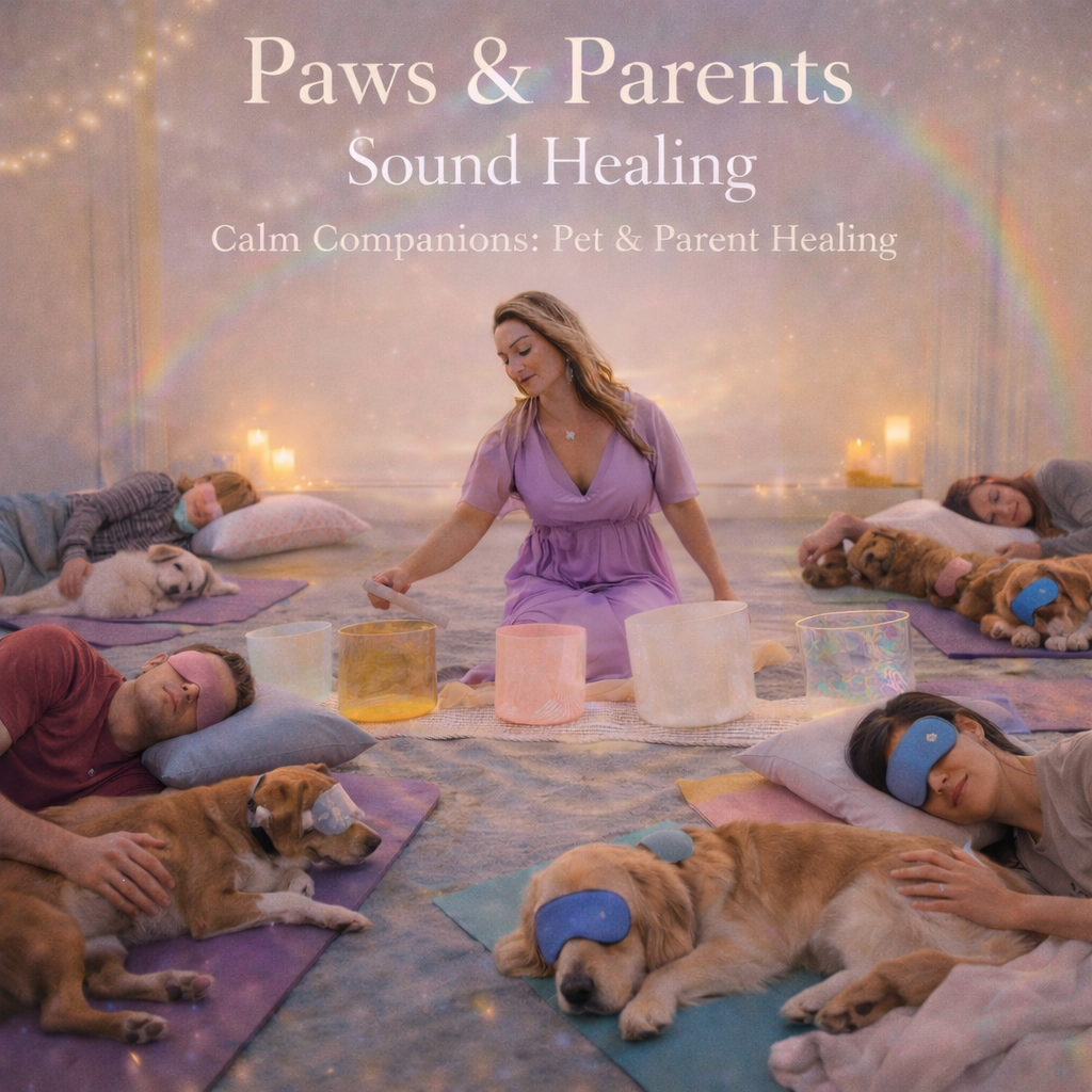 People and dogs relaxing with sleep masks and sound healing instruments in a calm, pastel-colored room with candles and a rainbow projection, promoting pet and parent healing.
