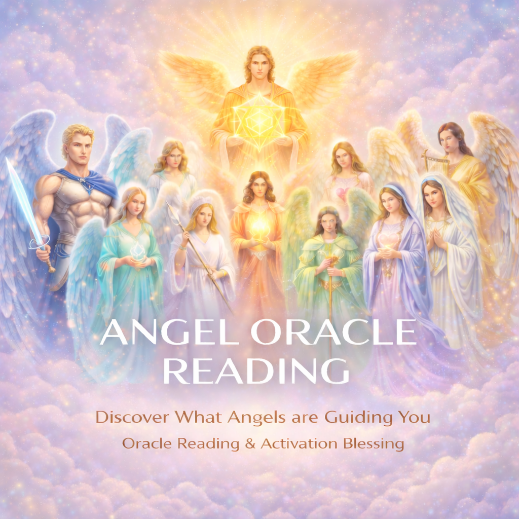 An illustration of multiple angels with glowing wings gathered together in a heavenly scene with clouds and light. A larger angel in the center with golden wings and glow surrounds a bright geometric shape. The text reads 'Angel Oracle Reading' with a subtitle about discovering which angels are guiding you through oracle reading and activation blessing.