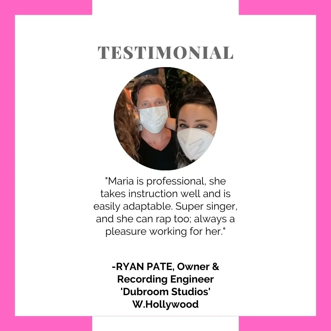 Testimonial page featuring a circular photo of two people wearing masks, with the quote praising Maria's professionalism and singing talent, and the testimonial from Ryan Pate, recording engineer at Dubroom Studios in Hollywood, against a pink-border