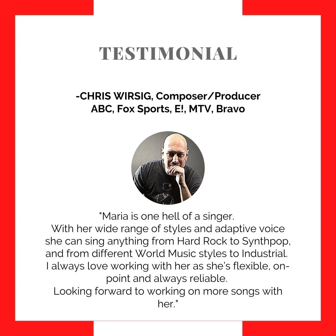 Testimonial from Chris Wirsig, a composer and producer for ABC, Fox Sports, E!, MTV, and Bravo. The testimonial includes his photo, which shows a bald man in a dark shirt, holding his chin with one hand. The quote praises Maria as a versatile singer 