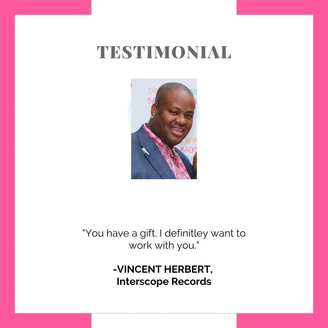 A testimonial card featuring a photo of a smiling man in a blazer, with pink and orange text in the background. The card has a white center with pink borders and includes a quote: "You have a gift. I definitely want to work with you." attributed to V