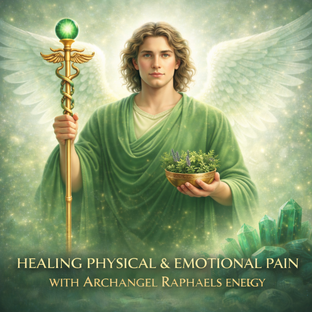 An angelic figure with blonde, curly hair, dressed in green robes, holding a medical staff with a green gem, and a bowl of green plants, with large white feathered wings and a dreamy, sparkling background. Text reads: 'Healing physical & emotional pain with Archangel Raphael's energy.'