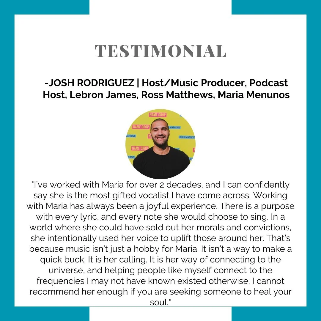 Testimonial page with a photo of a smiling man in front of a yellow background with 'Name Drop' text and a quote praising Maria, a singer, describing her as talented and her sense of purpose. Eduardo josh rodriguez