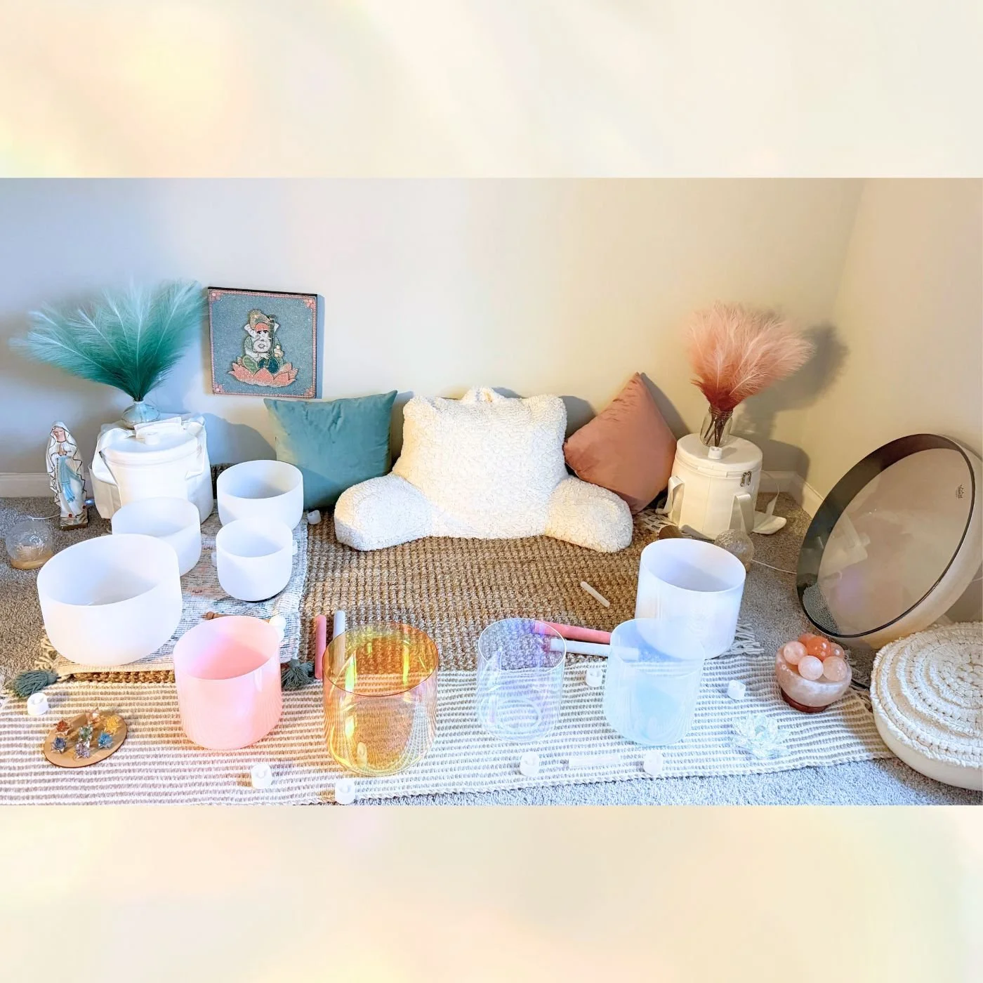 Virtual sound healing crystal singing bowls, pillows, and guided meditation and angelic vocals with frequency healing.