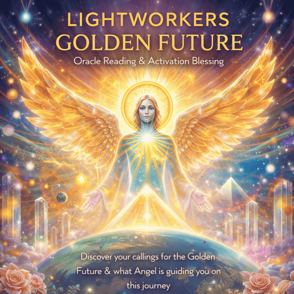 A digital artwork featuring an angel with golden wings, a glowing halo, and a radiant light emanating from her chest. She stands in front of a glowing Earth with pyramids, roses, and cosmic elements like stars and planets in the background. The text reads 'Lightworkers Golden Future,' 'Oracle Reading & Activation Blessing,' and 'Discover your callings for the Golden Future & what Angel is guiding you on this journey.'