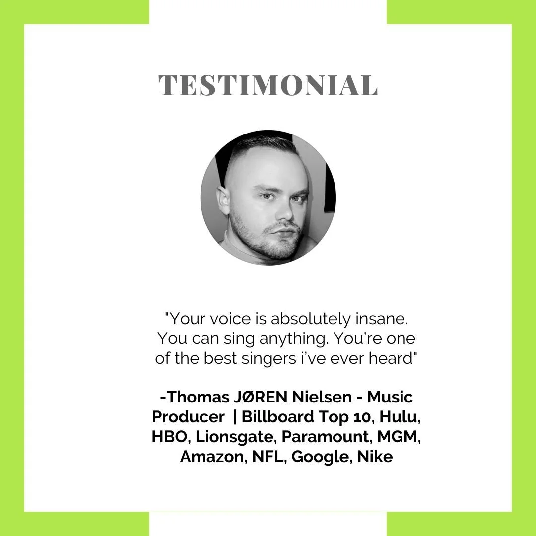 Testimonial page featuring a black and white photo of a man, with a quote praising his singing talent and a list of his achievements and companies he's associated with. Thomas Joren Nielsen