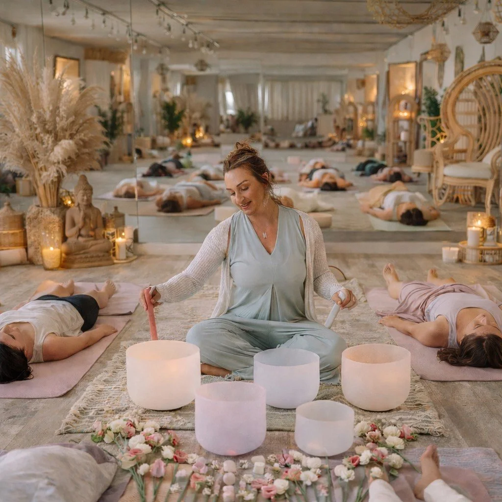 A woman conducting a sound bath therapy session in a decorated room with multiple people lying on mats and cushions.