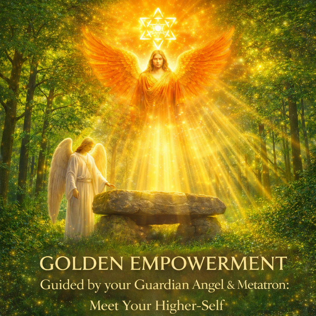A golden angel with outstretched wings standing on a stone table in a forest, illuminated by radiant golden light emanating from a luminous angel figure with wings and a glowing symbol above, surrounded by shimmering particles and bright green trees.