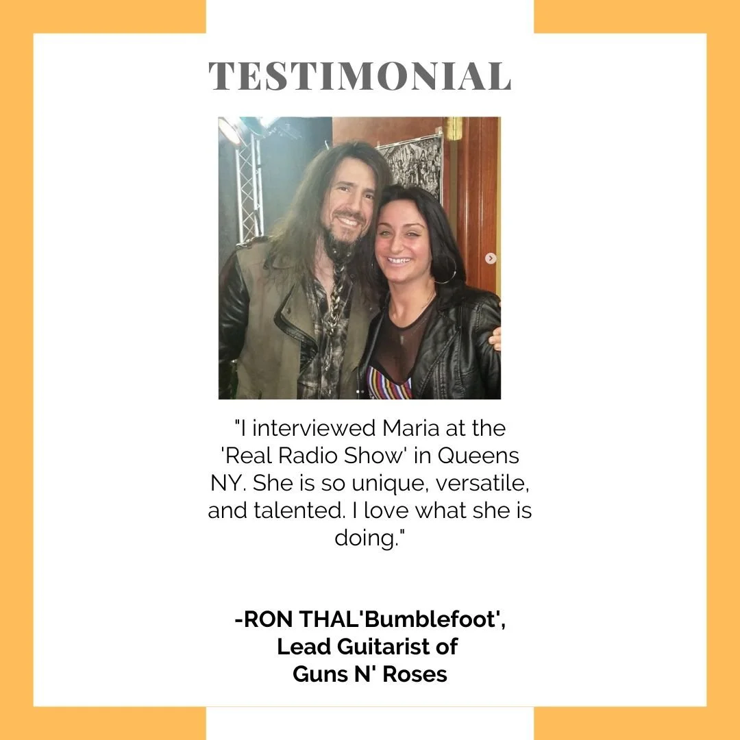 Testimonial graphic featuring a photo of a man and a woman smiling together, with quote text below. The quote discusses an interview with Maria on the 'Real Radio Show' in Queens, NY, praising her uniqueness, versatility, and talent. The testimonial 