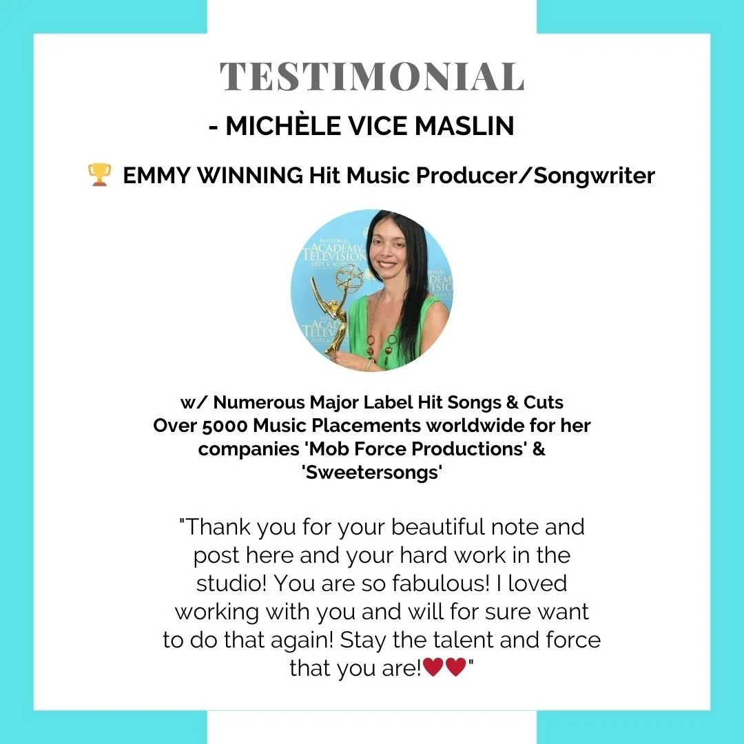 Testimonial graphic for Michèle Vice Maslin, an Emmy-winning hit music producer/songwriter, featuring a photo of her holding an award, with text praising her work and talent.