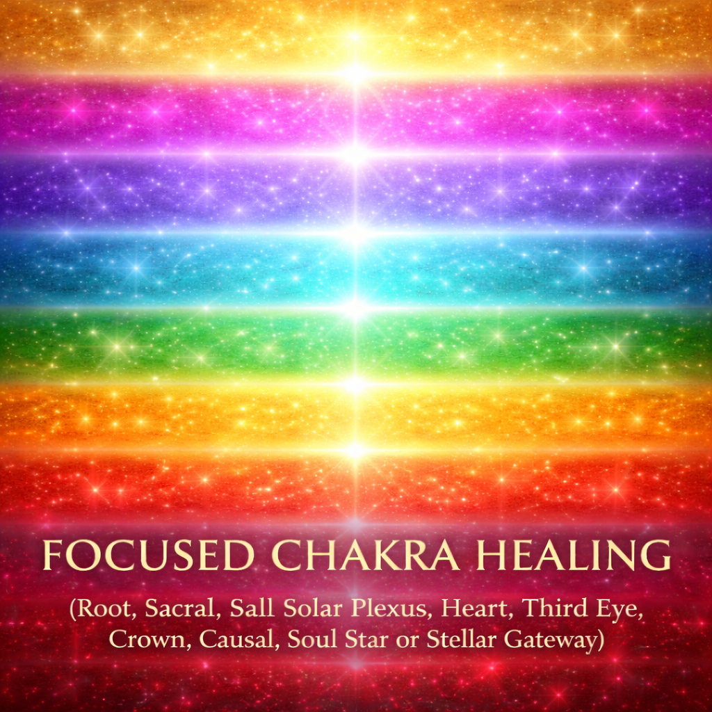 Colorful cosmic scene with horizontal bands of vibrant colors and sparkling stars, with the text "Focused Chakra Healing" and a list of chakras and related symbols.