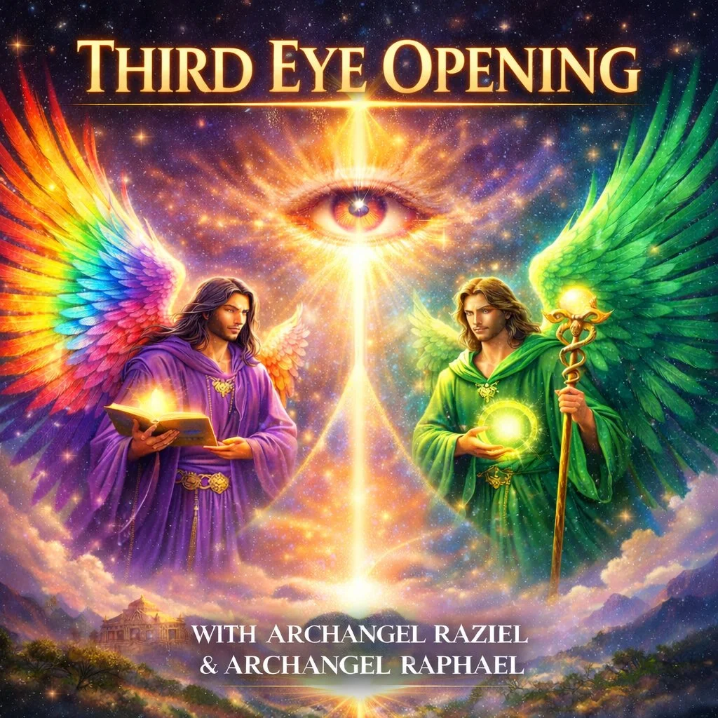 Artwork for 'Third Eye Opening' featuring two angelic figures with colorful wings, a large eye in the center above them, and a cosmic background with bright lights and stars. One figure holds a book; the other holds a glowing orb and staff. Text includes 'Third Eye Opening' and 'With Archangel Raziel & Archangel Raphael'.