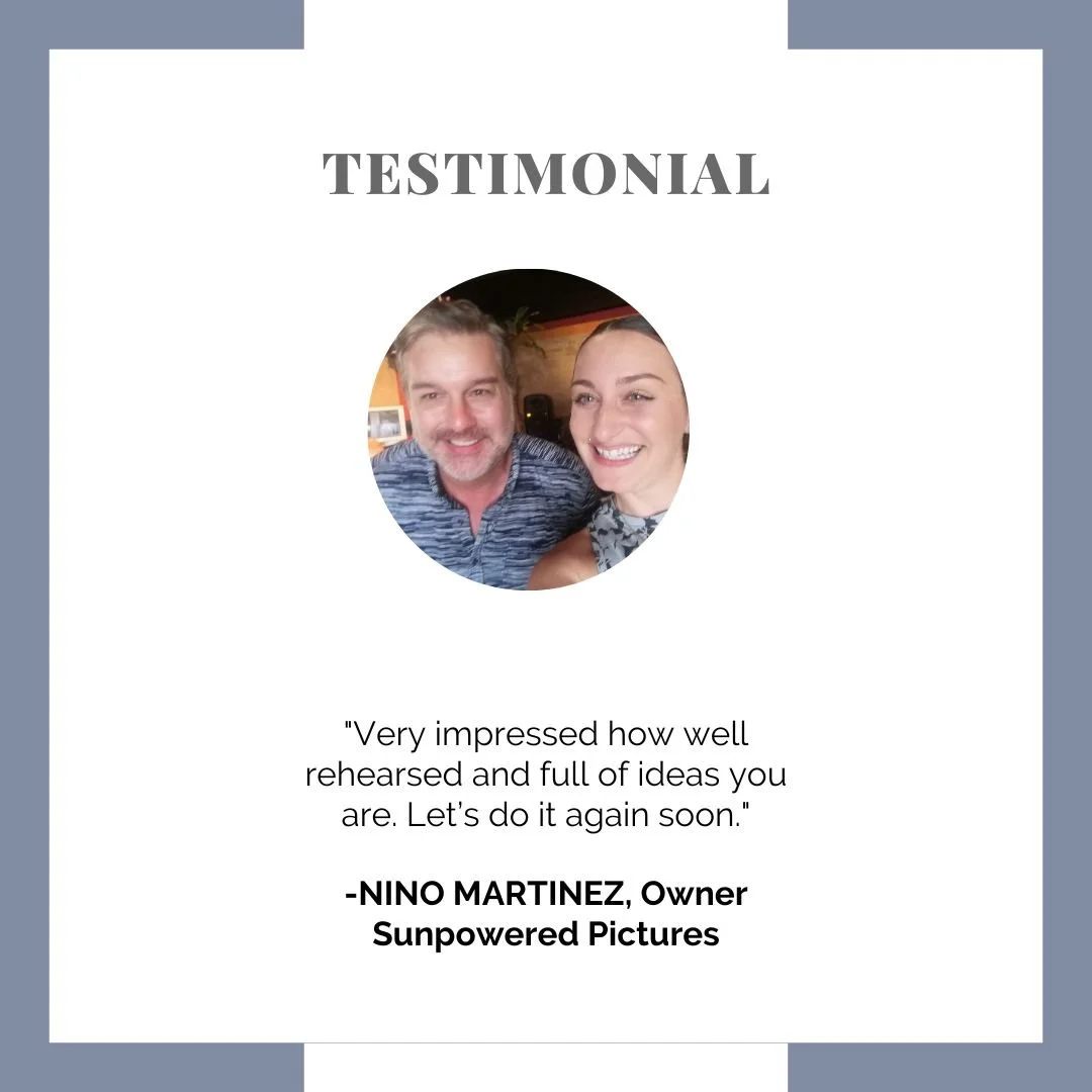 A testimonial card featuring a photo of a man and woman smiling, with the word 'TESTIMONIAL' at the top and a quote below praising the quality of a rehearsal, from Nino Martinez, owner of Sunpowered Pictures.