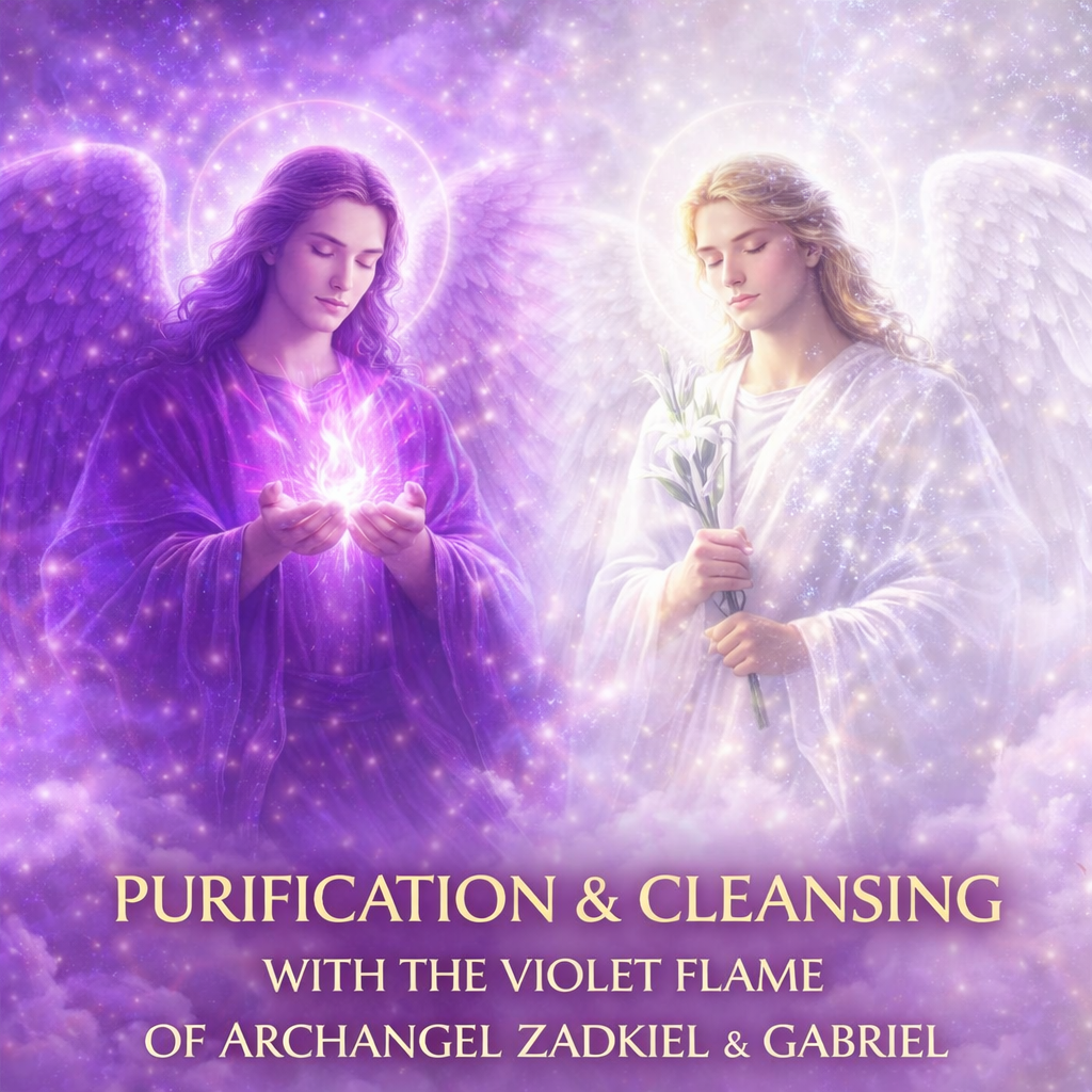 Two angels with glowing halos and wings surrounded by purple and white light, one holding a violet flame and the other holding white lilies, with a mystical, celestial background.