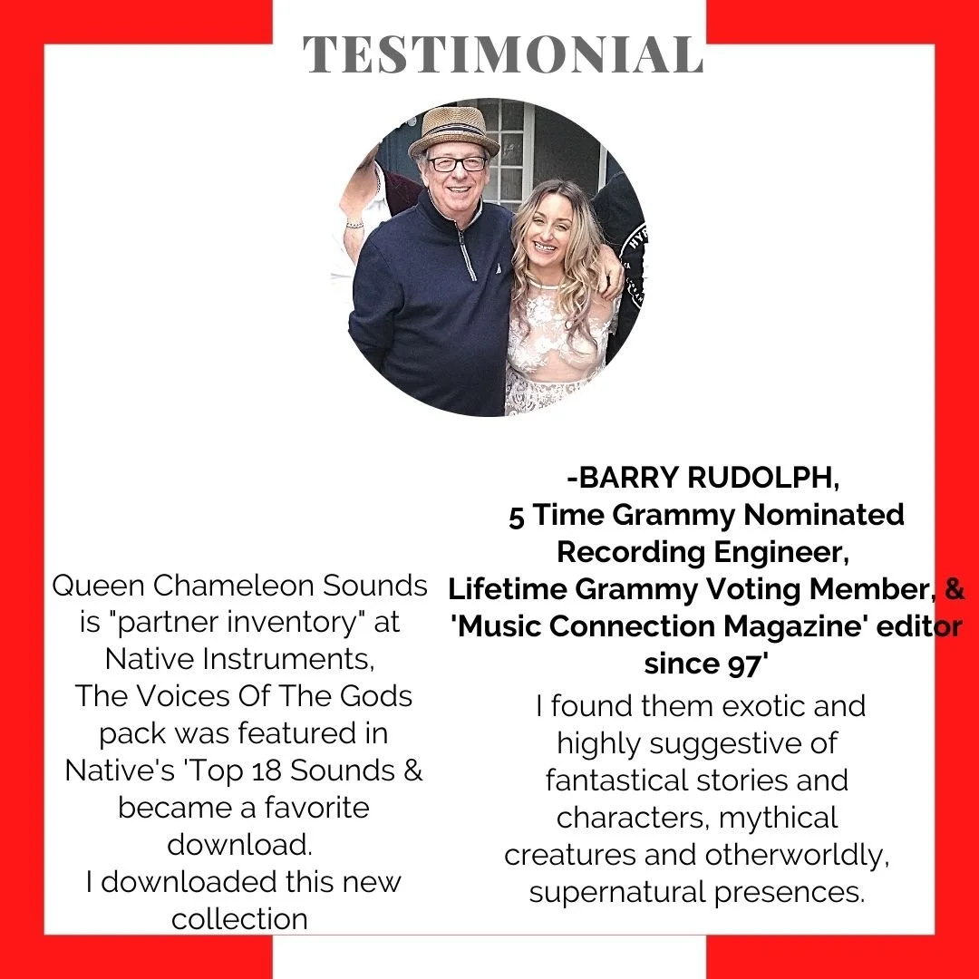 Testimonial featuring a photo of a man and woman smiling, with text about Barry Rudolph, a Grammy-nominated recording engineer, and their connection with Native Instruments and music stories.