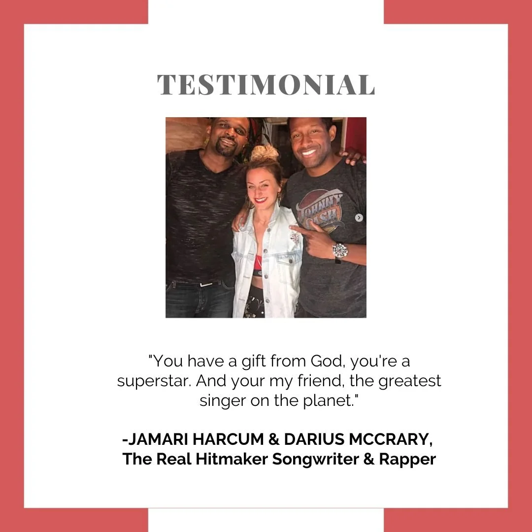 Testimonial poster featuring a photo of three people smiling, with a quote praising them as a gift from God and a great singer, attributed to Jamari Harcum and Darius Mccrary.